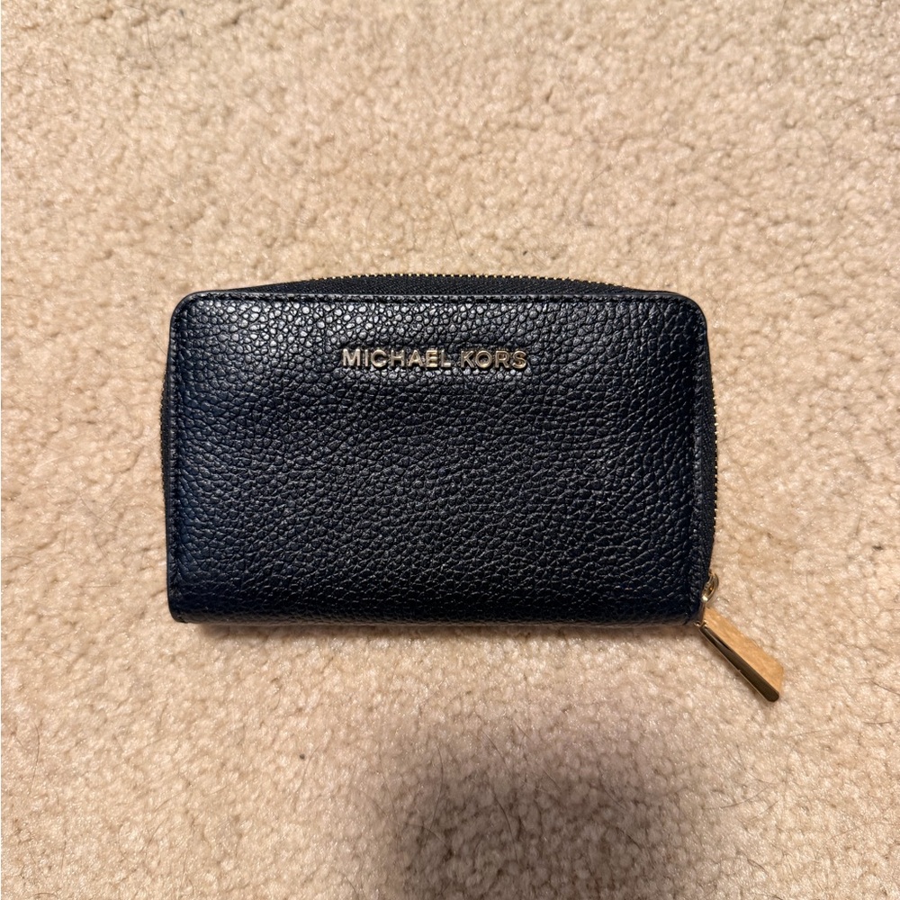 Michael Kors Black Pebbled Leather Zip Card & Key Case with Gold Hardware